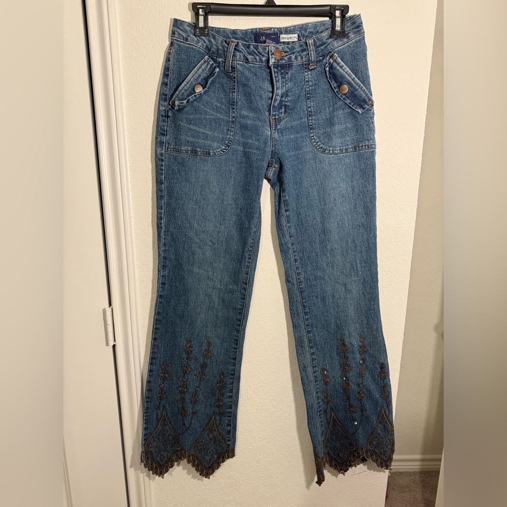 Jazzie Vintage Y2K Boho Embroidered Sequin Stretch Denim Blue Jeans Size 9/10